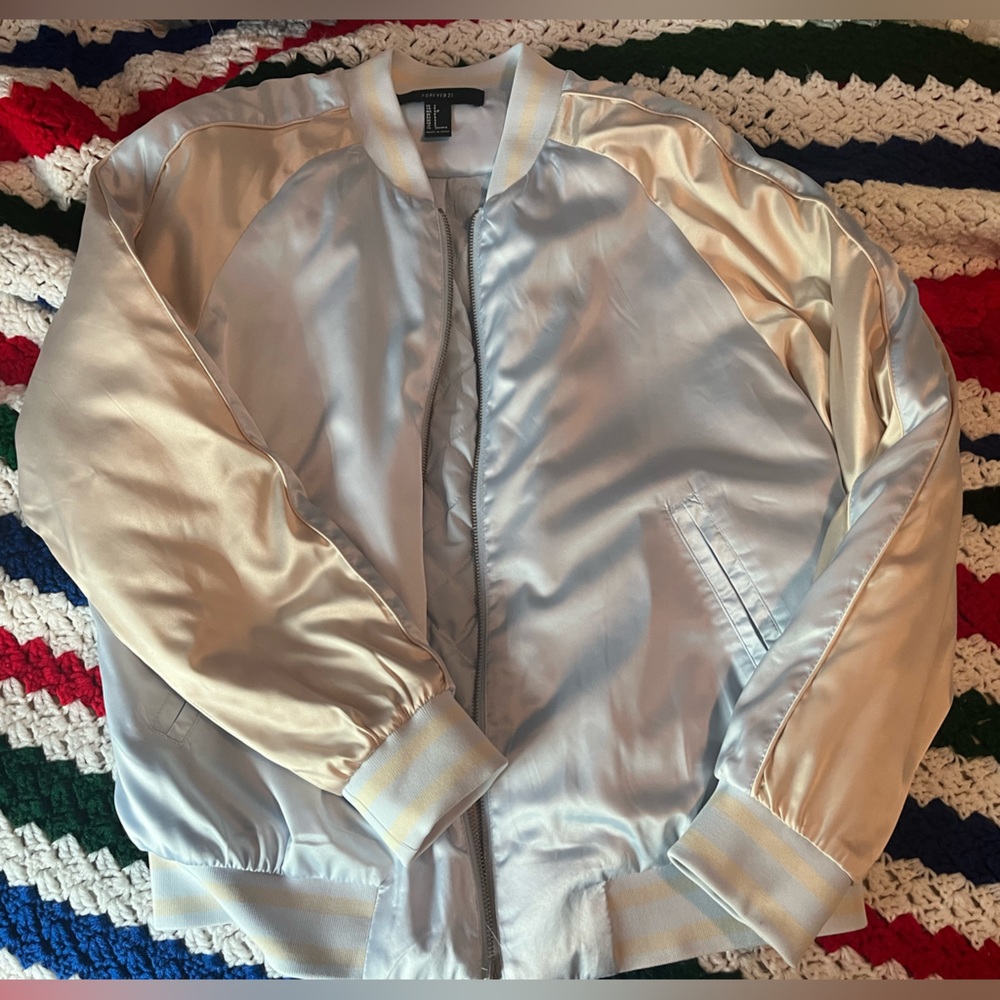 Blue and white/tan bomber jacket